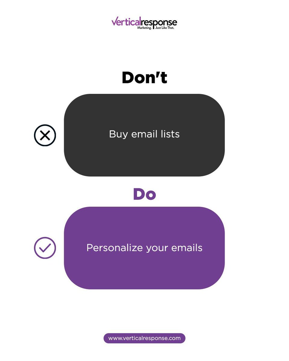 Supercharge your lead generation with email marketing, the right way! 🚀 

DO personalize your emails to connect with your audience and build relationships. DON'T buy email lists, it's ineffective and can damage your reputation. 

verticalresponse.com 

#emailmarketing