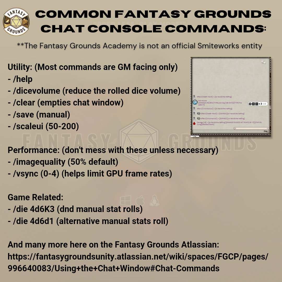 Fantasy Grounds Academy (@fgacommunity) on Twitter photo Good to learn! Master your FG skills in <a href="/FantasyGrounds2/">Fantasy Grounds VTT</a> with essential commands. 🌟 Start with /help, then explore how to fine-tune dice sounds, clear chats, adjust UI scale, and optimize image quality. FG Atlassian, Full guide: zurl.co/QM2u #FantasyGrounds #vttrpg Good to learn! Master your FG skills in <a href="/FantasyGrounds2/">Fantasy Grounds VTT</a> with essential commands. 🌟 Start with /help, then explore how to fine-tune dice sounds, clear chats, adjust UI scale, and optimize image quality. FG Atlassian, Full guide: zurl.co/QM2u #FantasyGrounds #vttrpg