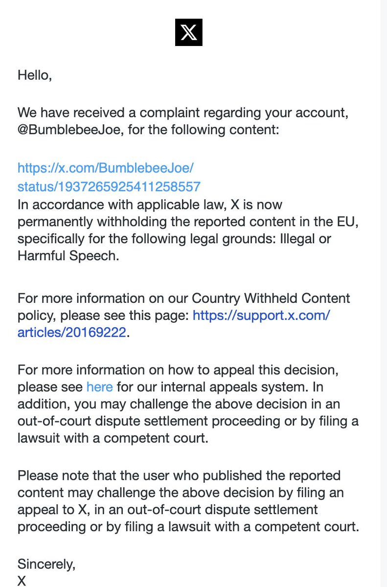 BumblebeeJoe's tweet image. Mijn vraag was of jullie deze tweet nog konden zien. Ik heb nu mijn antwoord: nee, dat kunnen jullie niet.

Door X wordt deze tweet onzichtbaar gemaakt: het zou volgens de EU-regelgeving gaan om 'hate-speech' of om 'illegal content'. Ik heb daar een melding over gekregen.…