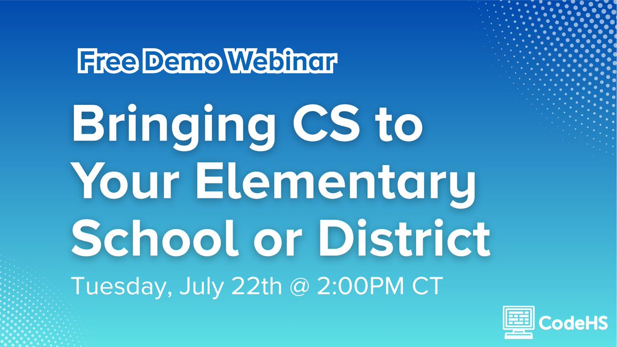 CodeHS's tweet image. Discover how easy it is to bring K–6 computer science to your school or district!
Join our free 30-minute webinar to explore ready-to-use lessons, built-in teaching tools, and more.
👉 Reserve your spot: codehs.com/freepd
#ElementaryCS #ComputerScience #CodeHS