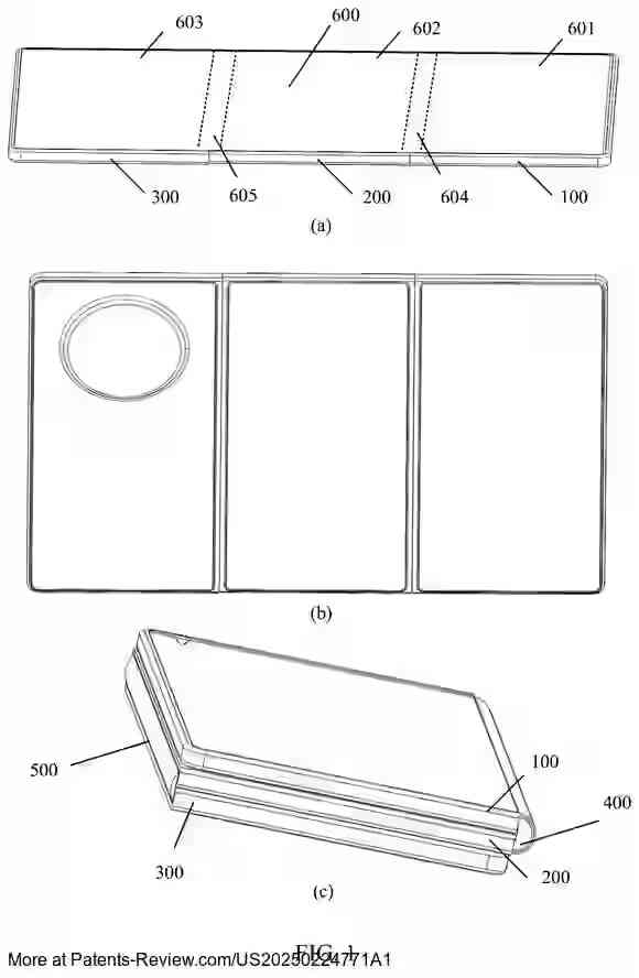 PatentPulse's tweet image. 📢 New patent application #US20250224771A1 by #HuaweiTech reveals a #FoldableDisplay device!

Featuring a first, second, and third housing connected via two hinges, this tech allows for seamless folding/unfolding. 

Flexible display integrates across all housings for enhanced