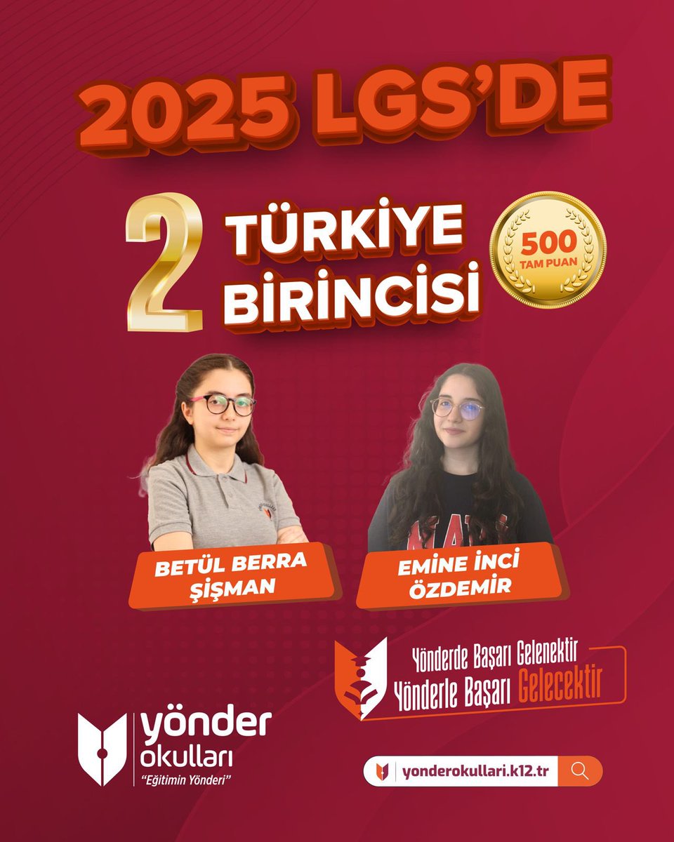 🏆 Yönder'de Başarı Bir Gelenektir!
🎯 LGS 2025’te 2 ÖĞRENCİMİZDEN 500 TAM PUAN!

Öğrencilerimiz Betül Berra Şişman, Emine İnci Özdemir, büyük bir azim ve disiplinle hazırlandığı LGS 2025’te 500 tam puan alarak Türkiye birincileri arasında yerini aldı!

#YönderOkulları #LGS2025
