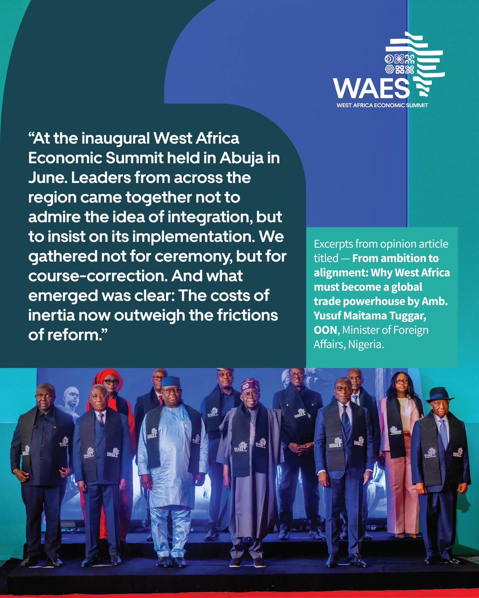 YusufTuggar's tweet photo. The World Economic Forum @wef has featured an article by Nigeria’s Minister of Foreign Affairs, Amb. Yusuf Maitama Tuggar (OON), echoing the core message of WAES 2025, turning regional trade ambition into action.

He calls for stronger cross-border coordination, practical policy implementation, and investor-focused reforms across the region.

Read the full article: https://t.co/7R5T7e2rht

#WAES2025
#RegionalIntegration