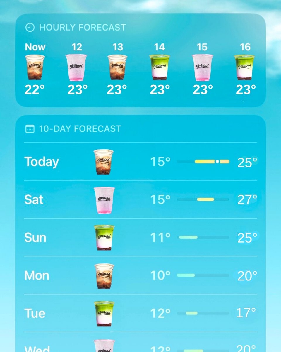 Well would you look at that forecast✨ Iced drinks all round this weekend?? 

It's gonna be a scorcher and we're here to cool you down. Come say hi #groundespresso #wedosummer #iced #icedcoffee #icedlatte #heatwave #summer #sun