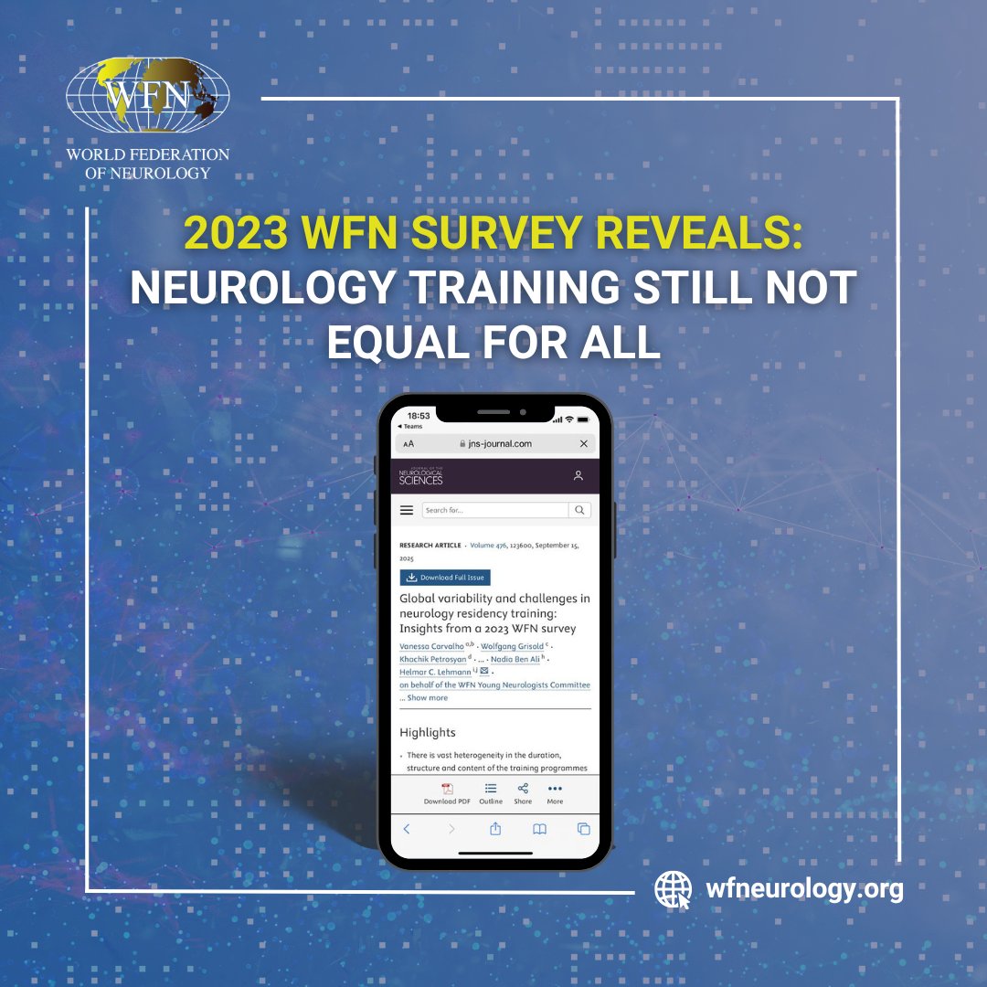World Federation of Neurology (WFN) (@wfneurology) on Twitter photo WFN proudly shares new research from our Young Neurologists and Trainees SIG.
Their global survey reveals critical gaps in neurology training esp. in LMICs with many facing long work weeks, few training centres, and high brain drain.
Global standards & investment are urgently WFN proudly shares new research from our Young Neurologists and Trainees SIG.
Their global survey reveals critical gaps in neurology training esp. in LMICs with many facing long work weeks, few training centres, and high brain drain.
Global standards & investment are urgently