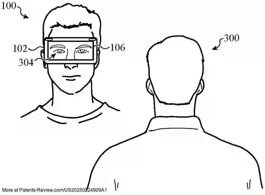 PatentPulse's tweet photo. Introducing Apple's latest patent application #US20250224909A1: a #WearableDevice designed to enhance interaction with #VirtualReality. This head-mounted display features an outward-facing screen, allowing outside observers to see images of the wearer's face or state.
A step forward in immersive tech by $AAPL, bridging the gap between wearers and observers.
#PatentApplication #AugmentedReality #Apple #AppleVision #VisionPro