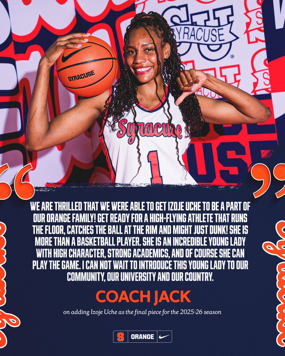 CuseWBB's tweet image. We are excited to *officially* welcome Izoje Uche as our final addition for the 2025-26 season.
The 6-3 freshman joins us from Japan where she has played and studied the last few years. Originally from Nigeria, Izoje will make an immediate impact on our front court.