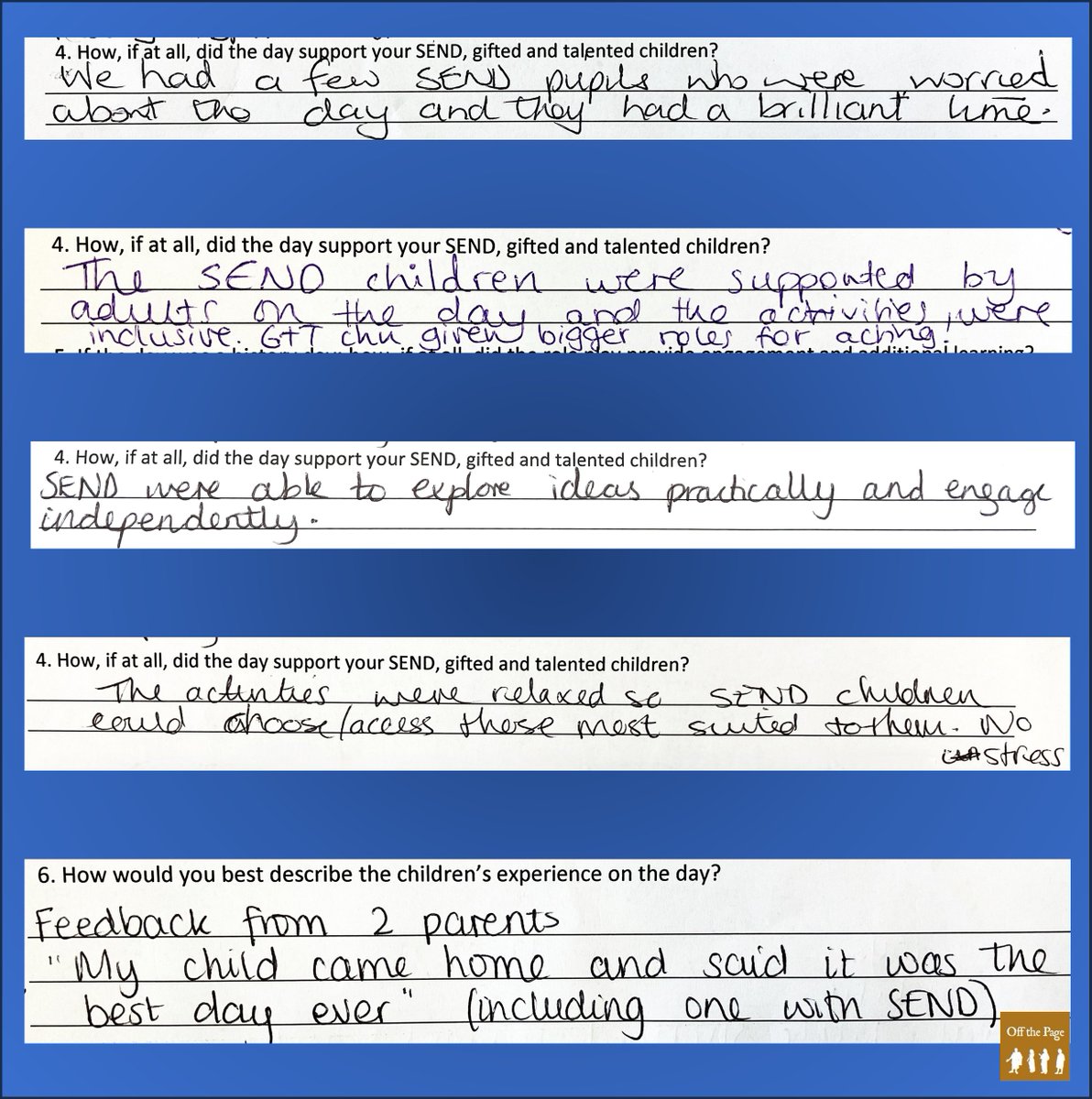 Time for another #FeedbackFriday 

This is what teachers, pupils &amp; parents think about how we include &amp; engage the pupils with SEND. Looks like we do a great job! 🥰

#DontTakeOurWordForIt #HandsOnLearning #PrimaryHistory #HistoryWorkshops #Inclusive 
#EduTwitter