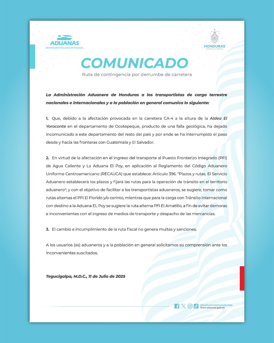🚨 ¡Atención Transportistas! 🚨

Carretera CA-4 en Yoroconte, Ocotepeque, ¡cerrada por falla geológica! 🚧 Esto afecta el paso desde y hacia fronteras con Guatemala y El Salvador. ⬇️⬇️