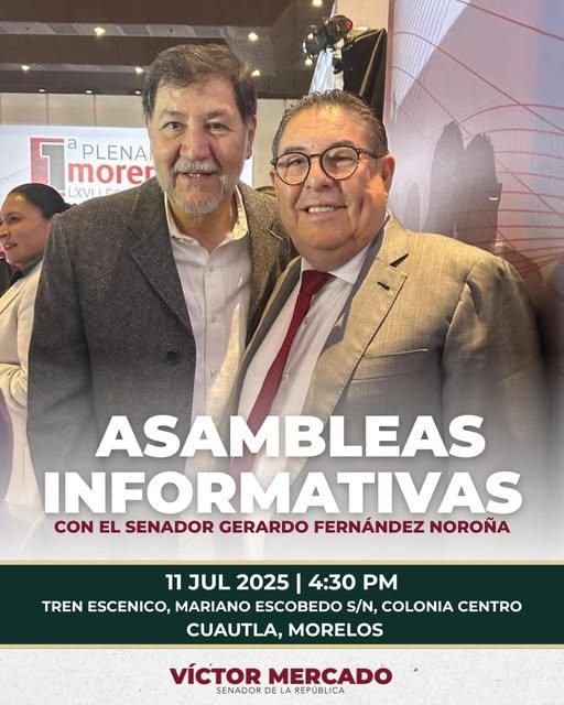 Infórmate y + (@informateymas) on Twitter photo #Entérate 📍📲📜
<a href="/Victor_MercadoS/">Víctor Mercado Salgado</a> y <a href="/fernandeznorona/">Fernández Noroña</a> visitarán Cuautla
La tarde de este viernes 11 de julio los senadores, Víctor Mercado y Gerardo Fernández Noroña tendrán una asamblea informativa en Cuautla, el objetivo dicen es promover la defensa de la 4T en Morelos
#Noroña #Entérate 📍📲📜
<a href="/Victor_MercadoS/">Víctor Mercado Salgado</a> y <a href="/fernandeznorona/">Fernández Noroña</a> visitarán Cuautla
La tarde de este viernes 11 de julio los senadores, Víctor Mercado y Gerardo Fernández Noroña tendrán una asamblea informativa en Cuautla, el objetivo dicen es promover la defensa de la 4T en Morelos
#Noroña
