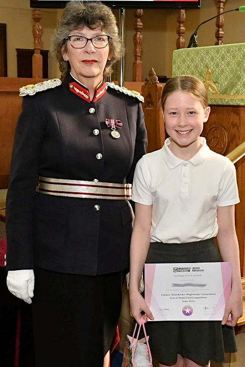 The Year 6 Mock Trial Court Reporter prize was won by a student from Horwich Parish CE Primary, Bolton <a href="/HorwichParishCE/">Horwich Parish CE Primary School</a>   We are very grateful to The Lord-Lieutenant of GM for presenting the prize this morning during the school assembly.  Well done to all the students who entered