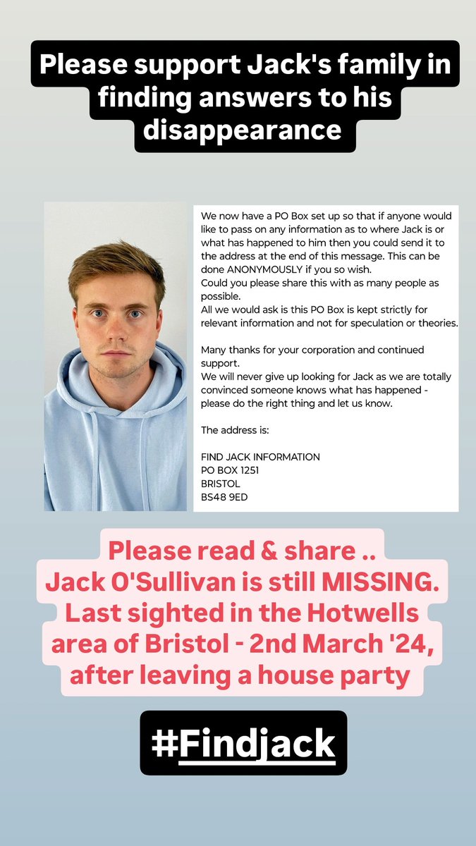 The Animal Team (@the_animal_team) on Twitter photo 💥 NEW POSTER FOR JACK 💥 Last sighted in the #Hotwells area of #Bristol on 2/3/24 after leaving a party. Someone somewhere knows something. <a href="/findjack23/">Find Jack O'Sullivan</a> FB Page: facebook.com/groups/findjac… #FindJack 💥 NEW POSTER FOR JACK 💥 Last sighted in the #Hotwells area of #Bristol on 2/3/24 after leaving a party. Someone somewhere knows something. <a href="/findjack23/">Find Jack O'Sullivan</a> FB Page: facebook.com/groups/findjac… #FindJack