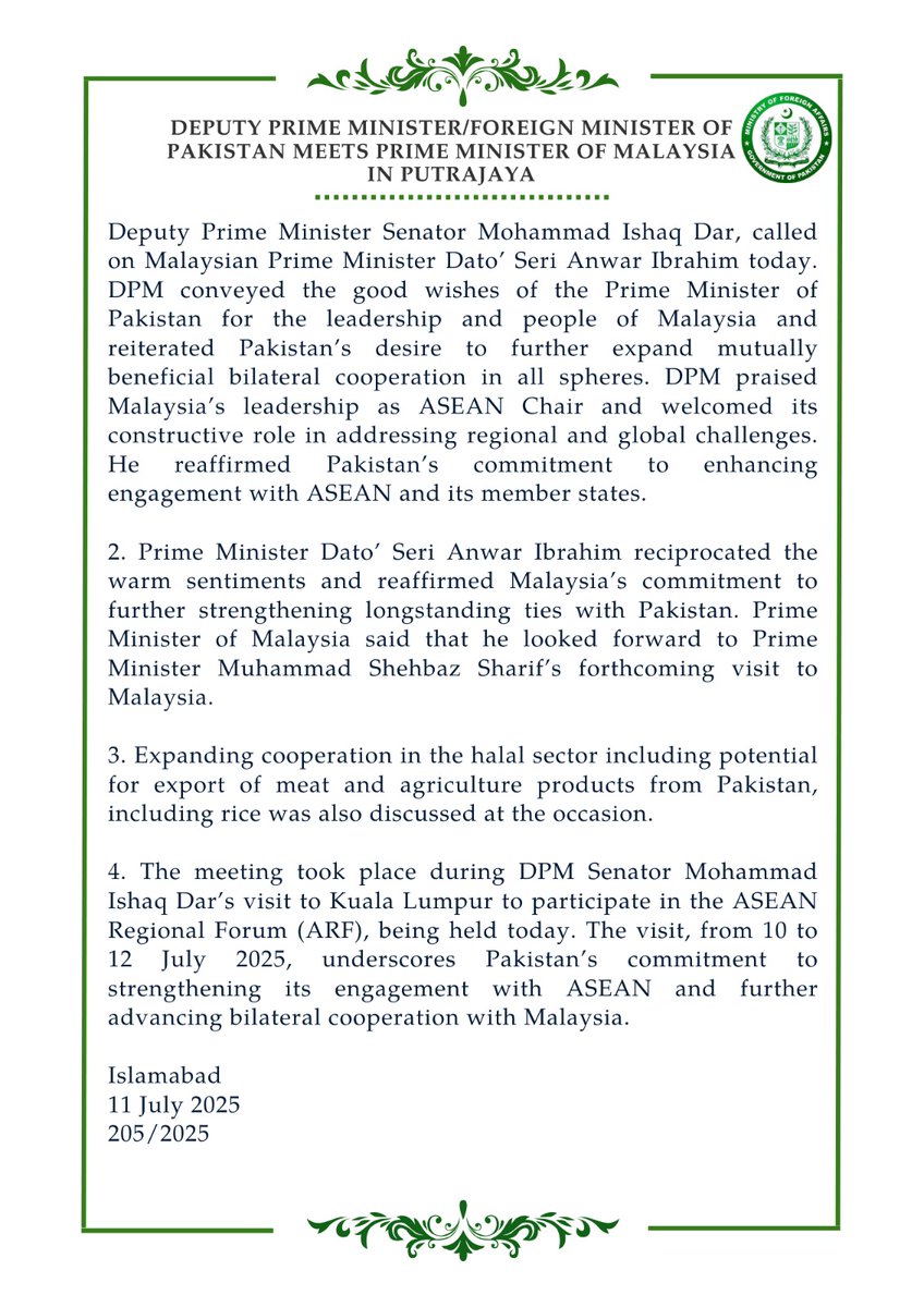 🔊PR No. 2️⃣0️⃣5️⃣/2️⃣0️⃣2️⃣5️⃣

Deputy Prime Minister/Foreign Minister of Pakistan Meets Prime Minister of Malaysia in Putrajaya 

mofa.gov.pk/press-releases…
🔗⬇️