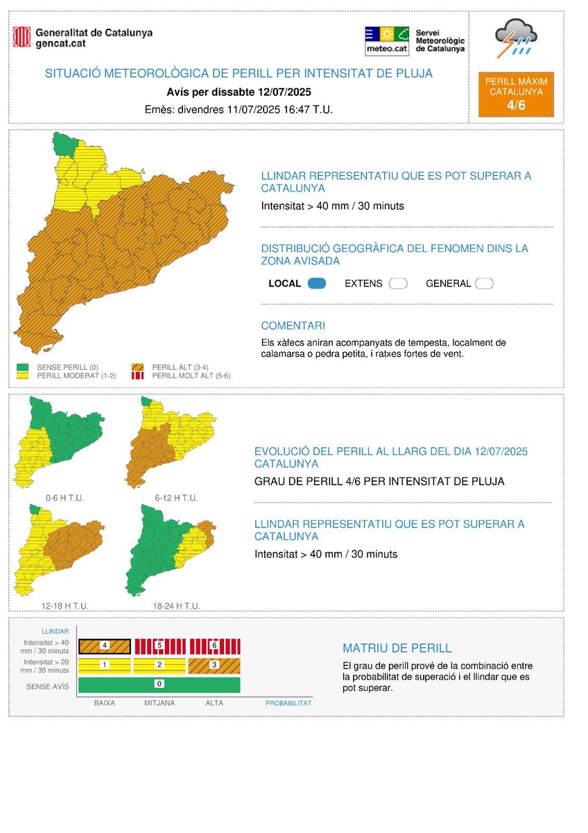INFORMACIÓ D'INTERÈS | ⛈️El Servei Meteorològic de Catalunya emet avís de situació meteorològica de perill per acumulació de pluja demà dissabte

⚠️Extremeu la prudència, sobretot en les activitats a l’aire lliure i en la mobilitat

❌No aparqueu en rieres, ni punts inundables