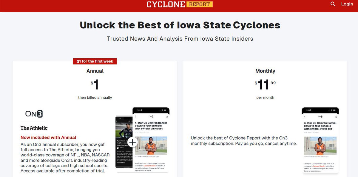 PROMO: Just $1

Rivals and On3 are now one team. You get added coverage and more info than ever before.

Great time to try out the site for just $1. #IowaState #Cyclones #CyclONEnation

MORE: on3.com/sites/cyclone-…