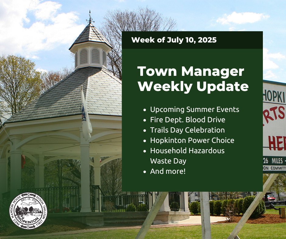 Hopkinton, MA (@hopkintonma) on Twitter photo This week's Town Manager Update has a focus on community events this summer, as well as some updates from Town departments. Take a look!
ow.ly/3hyq50Worxm This week's Town Manager Update has a focus on community events this summer, as well as some updates from Town departments. Take a look!
ow.ly/3hyq50Worxm