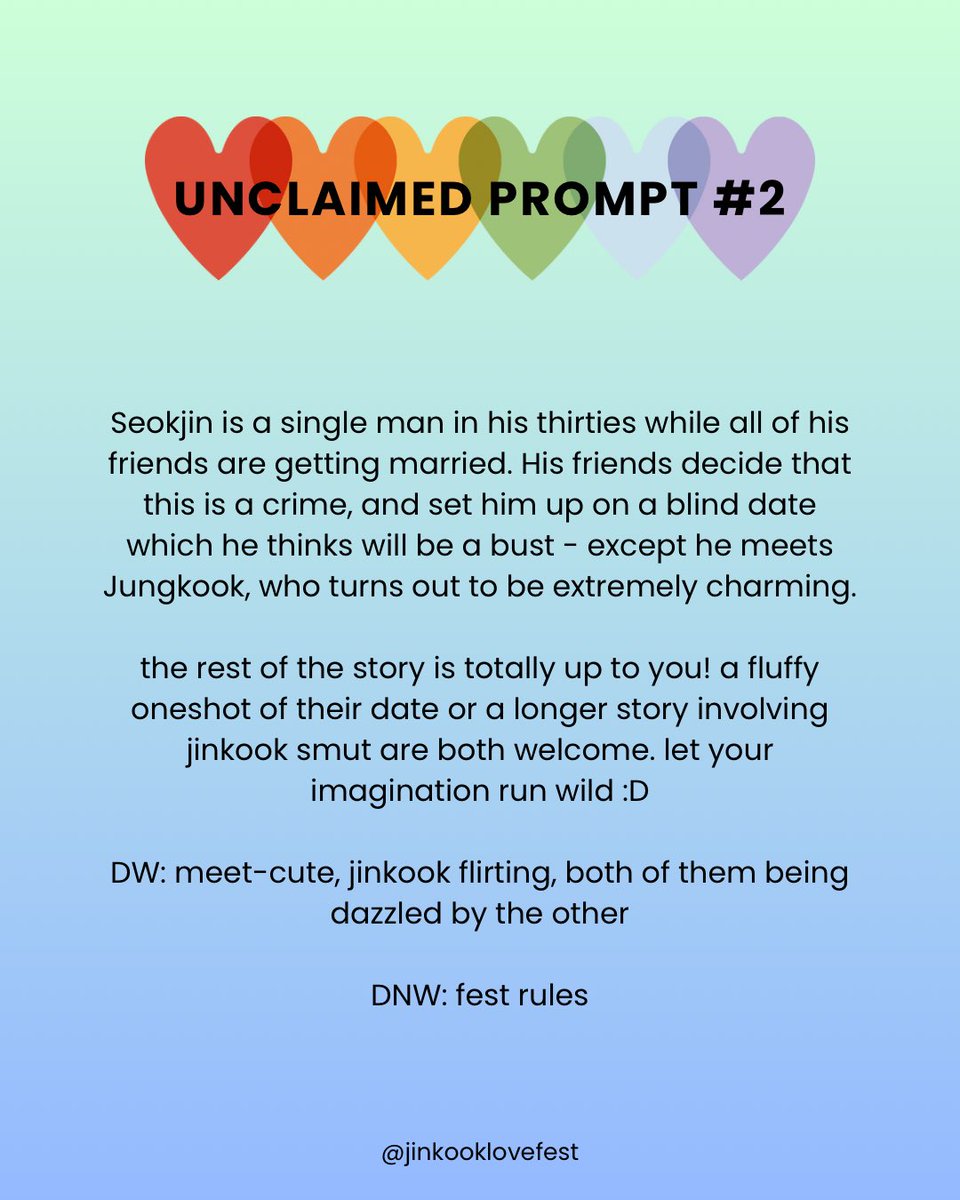 jinkooklovefest's tweet photo. Unclaimed Prompt #2

🔗: https://t.co/VMoKRsH2nt

Claim Form: https://t.co/u4h6vpMalD

#jinkooklovefest #jinkook #btsfests https://t.co/nvV6nk7Gz2