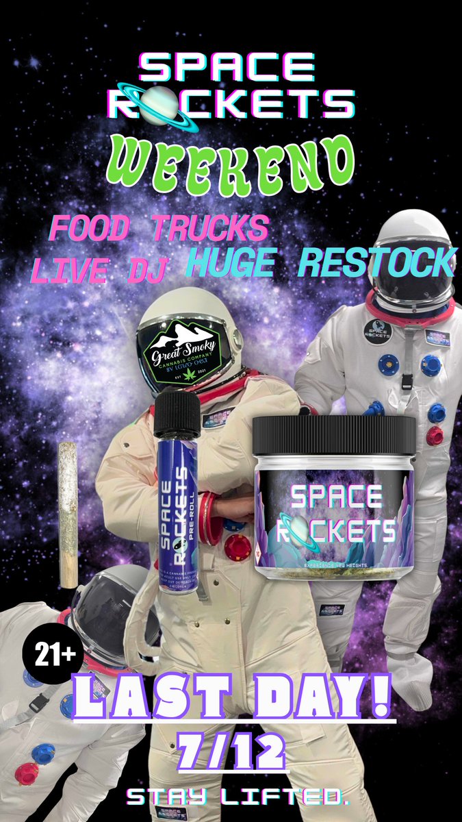 greatsmokycanna's tweet photo. ๐ LAST DAY of Space Rockets Weekend!
Come through for discounts, food trucks, live DJ, and a HUGE restock ๐๐จ
Donโt miss your chance to blast offโtoday only at GSCC!
๐จโ๐ 21+ | #StayLifted #SpaceRockets https://t.co/sxMBrdCjUT