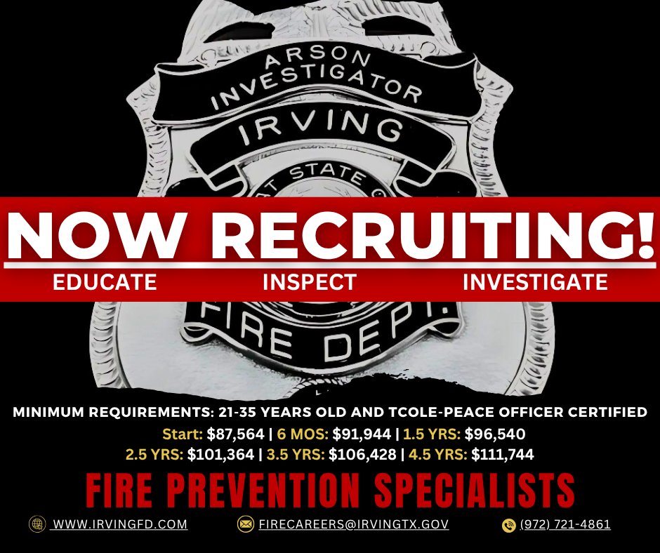 IFD is seeking individuals who are TCOLE Peace Officer-certified and eager to enhance fire safety within our community. If you or someone you know is interested in beginning a career with the Irving Fire Department, please contact us (972) 721-4861 or at firecareers@IrvingTX.gov.