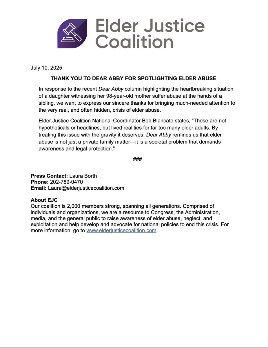 Because elder abuse is so often hidden, media attention plays a critical role in bringing it to light. Read our statement thanking <a href="/dearabby/">Dear Abby</a> for using her platform to affirm the voices of victims and their families and to name abuse when it happens. bit.ly/EJCStatementEl…