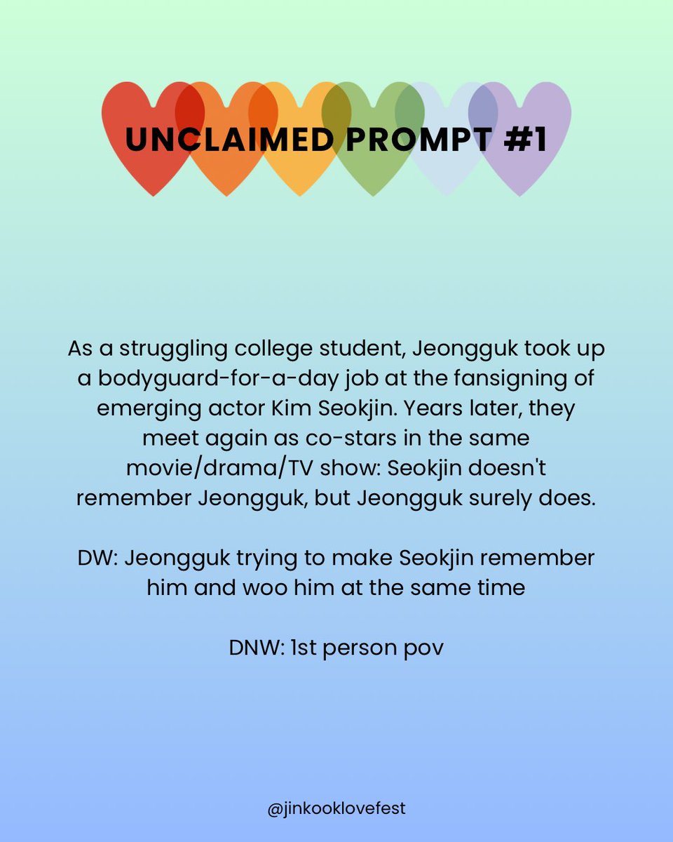 jinkooklovefest's tweet photo. Unclaimed Prompt #1

🔗: https://t.co/VMoKRsH2nt

Claim Form: https://t.co/u4h6vpMalD

#jinkooklovefest #jinkook #btsfests https://t.co/z3aCCCF1Xh