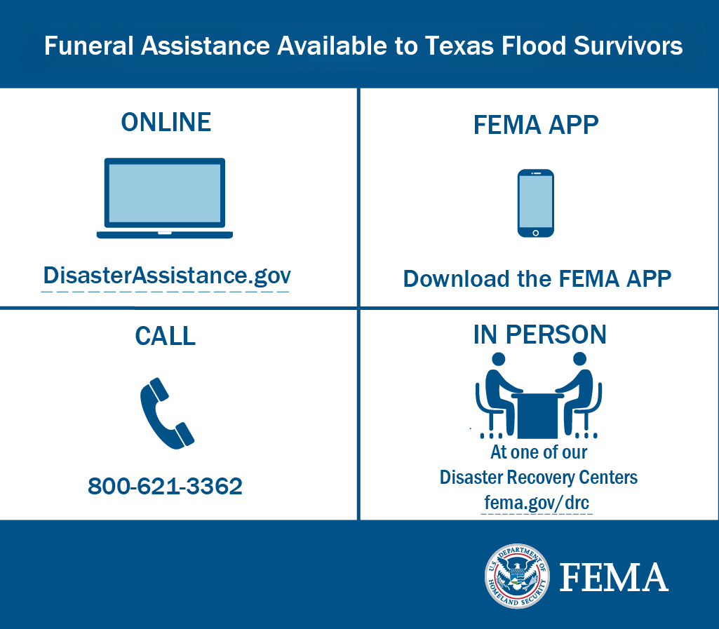 FEMARegion6's tweet image. Funeral Assistance Available to Texas Flood Survivors
FEMA and the State of Texas may provide money to help survivors cover funeral or burial expenses resulting from the severe storms and flooding that began July 2.
Lean more: fema.gov/fact-sheet/fun…