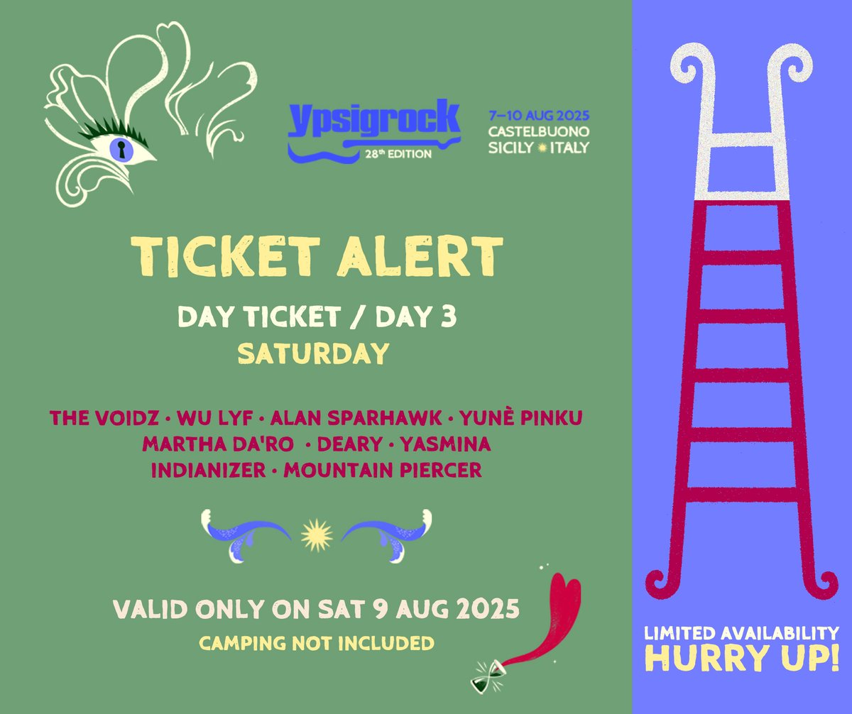 #ypsi25 TICKET ALERT
DAY TICKETS / DAY 3 ⚠️ LIMITED AVAILABILITY
TICKETS ➝ DICE: ypsi.link/2025_DayTicket…