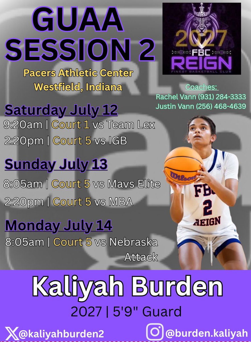 Kaliyah Burden (@kaliyahburden2) on Twitter photo Our schedule for session 2 in Indy. Come check us out!! <a href="/rfvann24/">Rachel Vann</a> <a href="/CoachVann35/">Justin Vann</a> <a href="/2027Fbcreign/">FBC Reign 2027 GUAA</a> Our schedule for session 2 in Indy. Come check us out!! <a href="/rfvann24/">Rachel Vann</a> <a href="/CoachVann35/">Justin Vann</a> <a href="/2027Fbcreign/">FBC Reign 2027 GUAA</a>