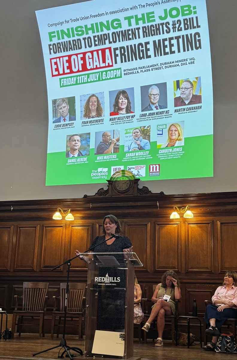 IERUK's tweet image. At our Eve of @DurhamGala rally at @RedhillsDurham, the @BFAWUOfficial’s @sarahwoolley01 demands the rights promised in the Employment Rights Bill, not next year, not 2027, but now. #BigMeeting