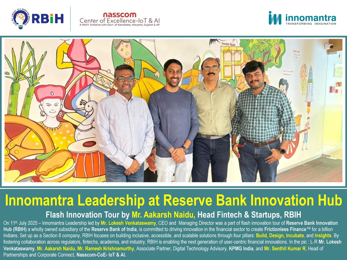 On July 11, 2025, Innomantra #leadership led by our CEO, Mr. Lokesh Venkataswamy, participated in the Flash #Innovation Tour at @RBIH_Official, hosted by Mr. Aakarsh Naidu. along with leaders from #RBIH, #KPMGIndia, and #NASSCOMCoE 
#Fintech #DigitalTransformation #Innomantra