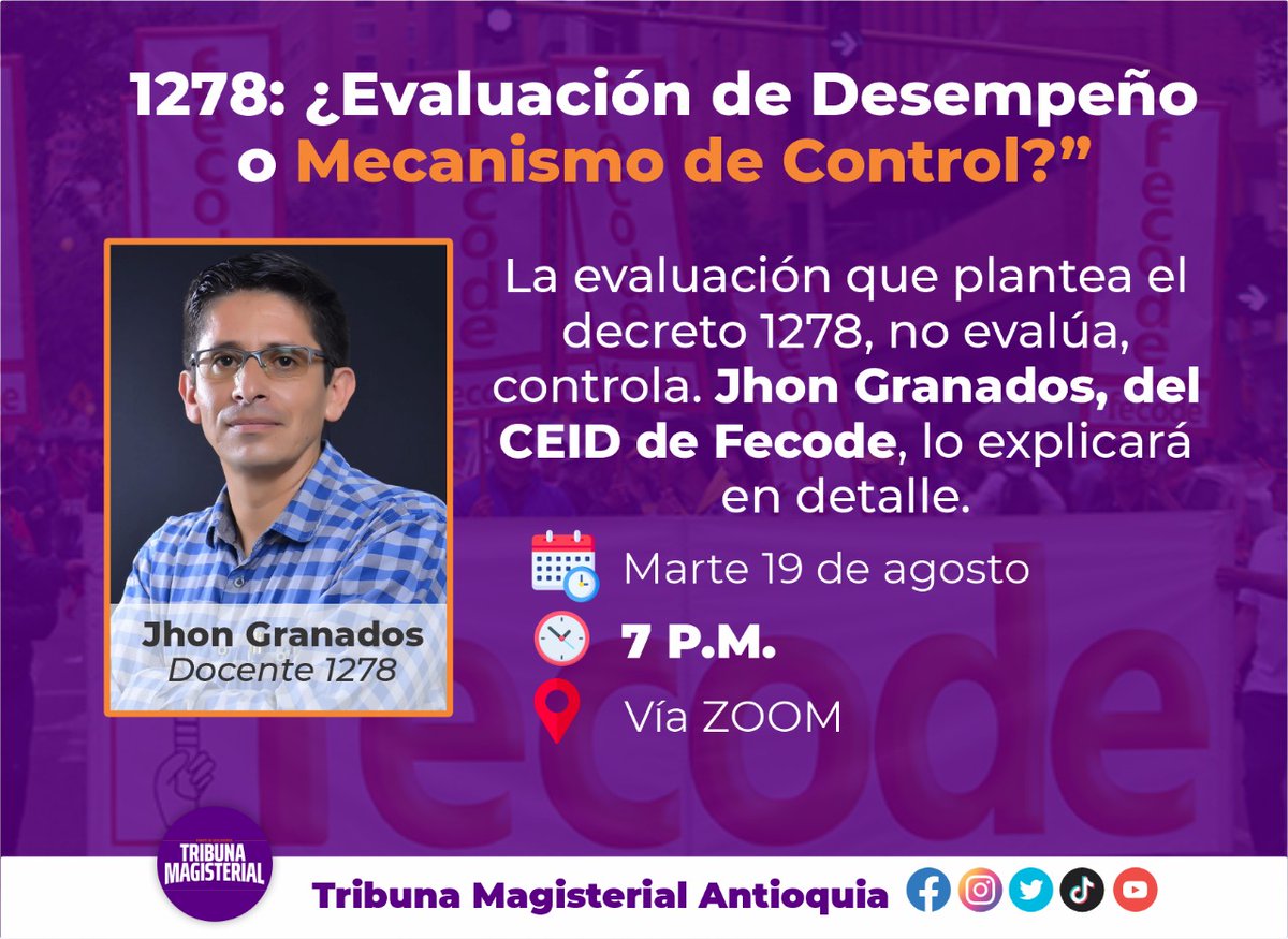 Una charla importante sobre el método de evaluación en el decreto 1278. No es para evaluar, es para controlar. 

📅 Martes 19 de agosto
🕐 7:00 p.m.
📌 Via Zoom

Inscripciones: forms.gle/7DgkERk2HAx9PK…