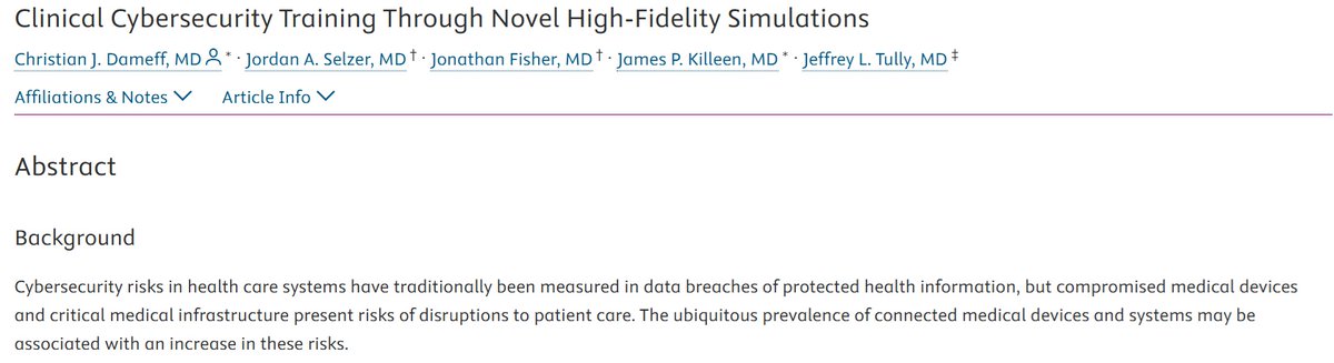 #FlashbackFriday to 2017: What if clinical simulation could expose the patient safety risks of cybersecurity flaws? At the first #CyberMed Summit, we debuted hacked-device scenarios that reshaped medical training — and thinking. 

Read ⬇️
jem-journal.com/article/S0736-…