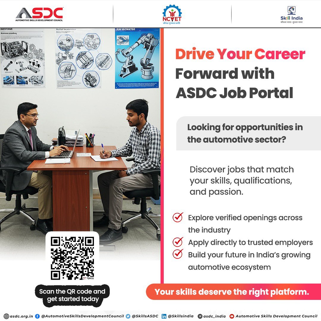 Drive your career forward with the ASDC Job Portal.
Find verified opportunities that match your skills and passion in the automotive sector.
Apply directly to trusted employers and be part of India’s growing auto industry.
Click on the link asdc.org.in/job-portal

#ASDCJobs