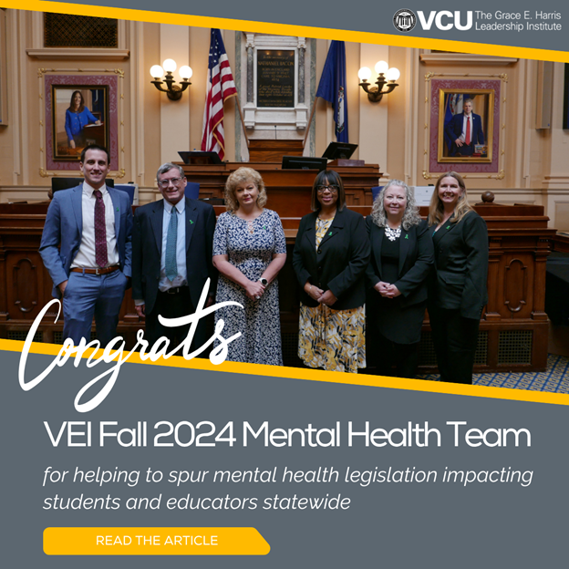 🎉 VEI Leaders Inspire Change! 🎉

A Fall ‘24 Virginia Executive Institute project helped pass new statewide legislation expanding Mental Health First Aid for students &amp; educators. Big impact, big win! 👏

🔗 Read the full story: gehli.vcu.edu/news/news-post…