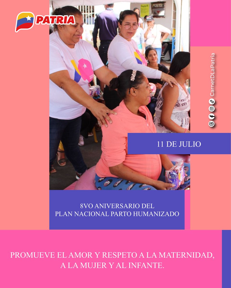 8 Años del Plan Parto Humanizado. 
Un programa nacido para brindar atención integral y máxima protección a las mujeres venezolanas en etapa de gestación.

¡El #SistemaPatria les desea, un Feliz Aniversario!
