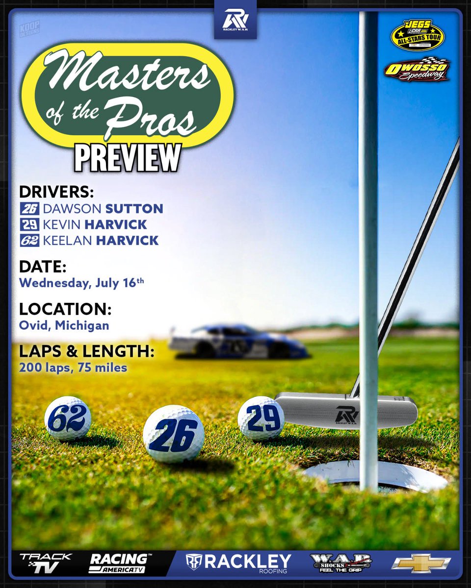 Rackley W.A.R. (@rackley_war) on Twitter photo Five days away from the Masters of the Pros at Owosso Speedway ⛳️🏁
<a href="/KevinHarvick/">Kevin Harvick</a>, <a href="/KeelanHarvick/">Keelan Harvick</a>, and <a href="/dawsonsutton_/">Dawson Sutton</a> will be attempting to score $25,000 and a green jacket on Wednesday night 👀
✍️: July 16th
⏰: 7:40pm ET
📺: <a href="/RacingAmerica/">Racing America</a> <a href="/tracktv_/">TrackTV</a> Five days away from the Masters of the Pros at Owosso Speedway ⛳️🏁
<a href="/KevinHarvick/">Kevin Harvick</a>, <a href="/KeelanHarvick/">Keelan Harvick</a>, and <a href="/dawsonsutton_/">Dawson Sutton</a> will be attempting to score $25,000 and a green jacket on Wednesday night 👀
✍️: July 16th
⏰: 7:40pm ET
📺: <a href="/RacingAmerica/">Racing America</a> <a href="/tracktv_/">TrackTV</a>