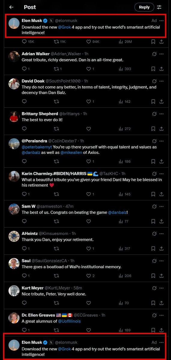 theCara's tweet image. I'm not saying X doesn't have many paid advertisers, I'm just saying that this thread has only Musk account ads pushing Grok (click on graphic to see top & bottom)