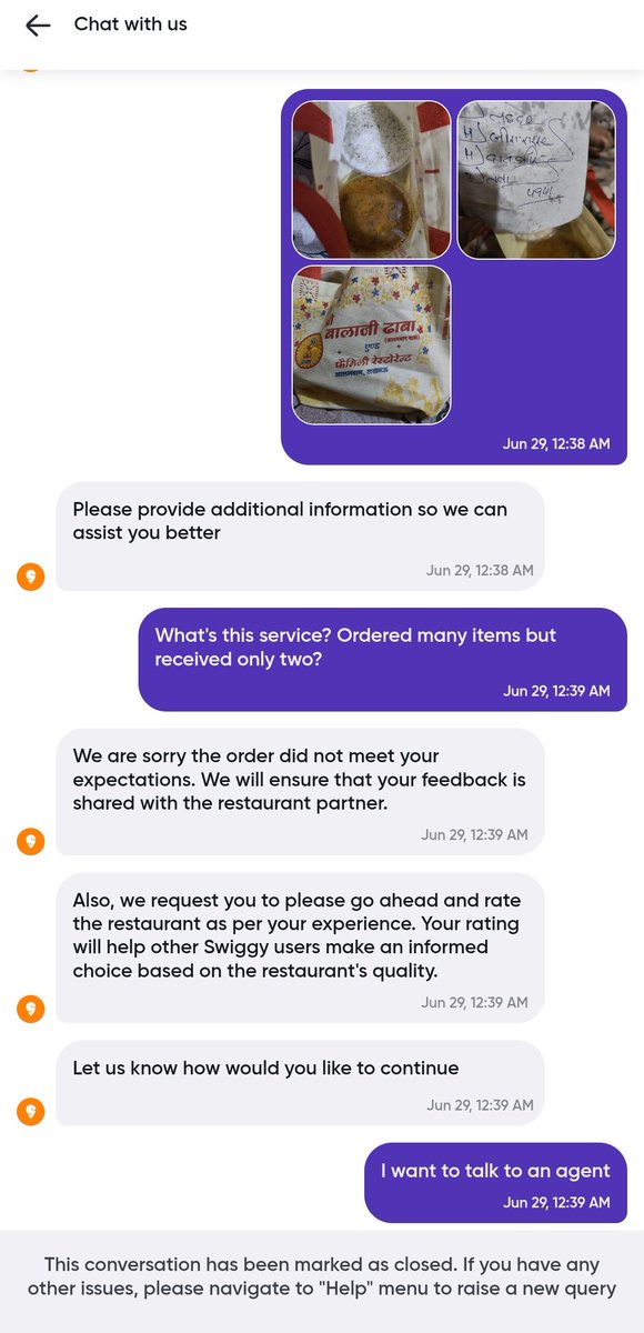 HarshAw38408575's tweet image. Hey @Swiggy,
I just received my order and a few items are missing. This is seriously disappointing — I paid for everything and expected it all. Please fix this ASAP.
Your agents saying the rating is the only solution 🤣
#Swiggy #OrderIssue #MissingItems

Order No. 210105077214941
