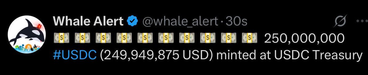 BREAKING:

$250 MILLION USDC JUST GOT MINTED.