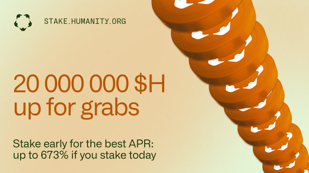 Rewards: 20,000,000 $H
Max APR: 673% (at the time of this post)
30-180 days
ETH or BSC

What are you waiting for 👉 stake.humanity.org