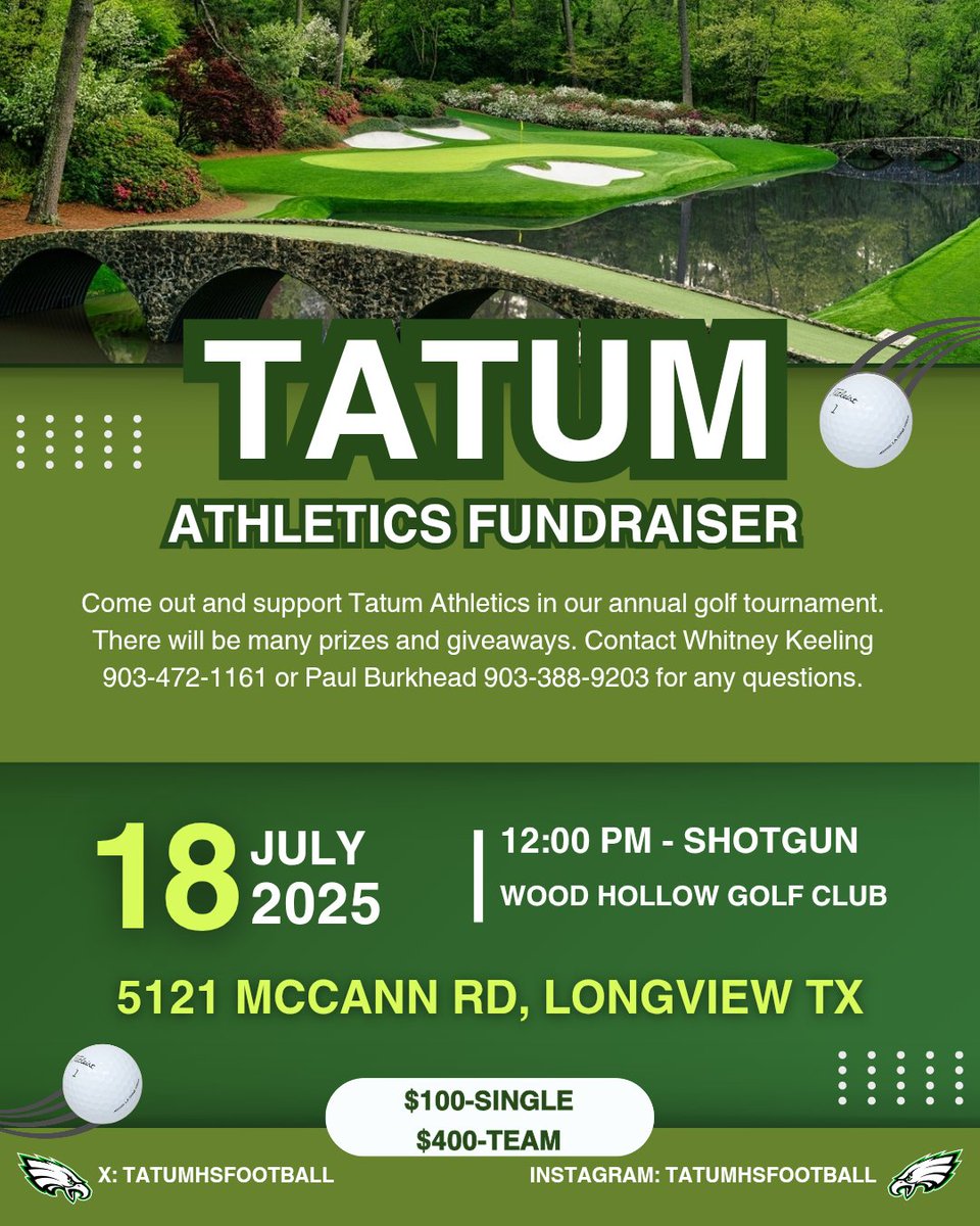 Tatum High School Football (@tatumhsfootball) on Twitter photo ONE WEEK AWAY‼️ If you have your own personal golf cart we encourage you to use it during the round. We are close to capacity with carts and teams. It will help with more participation also. There will be many games and prizes available. Any questions, contact <a href="/coachprburkhead/">Coach Burkhead</a> ONE WEEK AWAY‼️ If you have your own personal golf cart we encourage you to use it during the round. We are close to capacity with carts and teams. It will help with more participation also. There will be many games and prizes available. Any questions, contact <a href="/coachprburkhead/">Coach Burkhead</a>