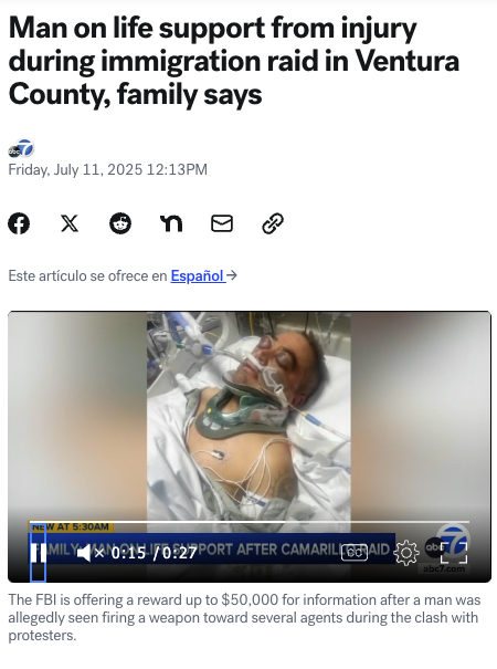Mexican worker may die after ICE raid Thurs:

"A man is on life support after he was injured during an immigration raid...he was working at a farm in the area to send money home to his wife and daughter in Mexico.He's currently on life support, but is not expected to survive."