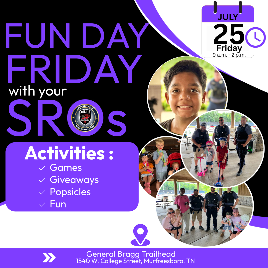 🎉 Looking for something fun for your kids this Friday?
Come out and meet your School Resource Officers at General Bragg Trailhead! 👮🏾‍♂️👮🏻‍♀️
📅 Date: Friday, July 25
🕘 Time: 9 a.m. – 2 p.m.
📍 Location: 1540 W. College St.
We’ll have games, hotdogs, popsicles, and giveaways! 🎈🌭🍧