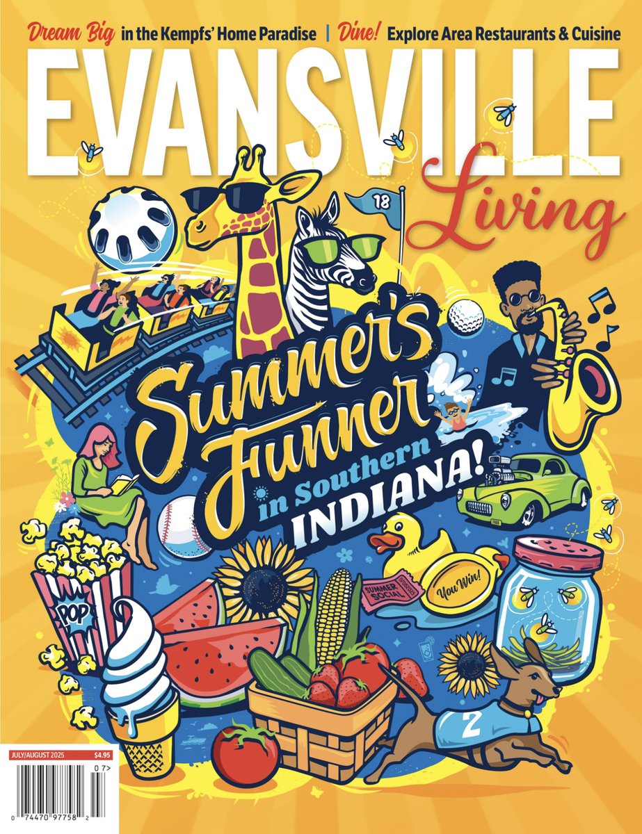 wilkinsonbros's tweet photo. We always love an opportunity to team up with the creatives at @Evansville Living Magazine. This illustrative composition conveys the summery plethora of things to do in Southern Indiana. 🌞

Check out their latest issue here: https://t.co/HUZjeXee7m https://t.co/bCy3yB22MK