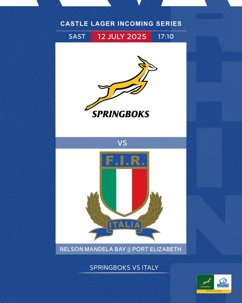 Gqeberha, it’s your turn!

After a dominant showing against Italy at Loftus, the Springboks now head to Nelson Mandela Bay Stadium for their next Test match.

Another chapter in the green and gold journey is about to unfold.

#RhinoRugby #BuiltForTheStruggle #Springboks