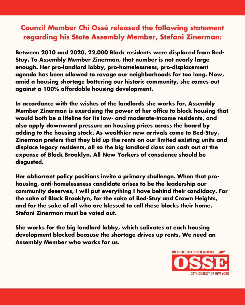 Chi Ossé (@ossechi) on Twitter photo My full statement regarding my support for a primary challenge against <a href="/stefanizinerman/">Assemblymember Stefani L. Zinerman</a>. My full statement regarding my support for a primary challenge against <a href="/stefanizinerman/">Assemblymember Stefani L. Zinerman</a>.