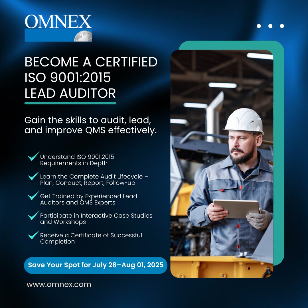 Upcoming Virtual Training Alert!
ISO 9001:2015 Lead Auditor Training for Quality Management Systems
Build your career as a Certified Lead Auditor! hubs.li/Q03wQhbs0
Register Here: hubs.li/Q03wQhCF0

#ISO9001 #LeadAuditorTraining #QualityManagement #QMS #OmnexTraining