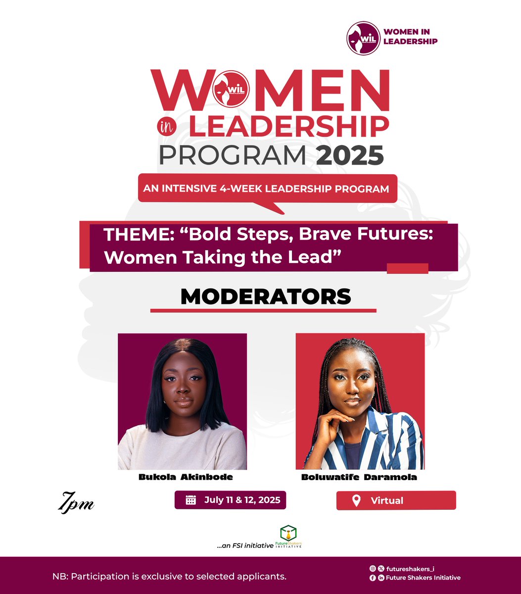 FutureShakers_I's tweet photo. We are pleased to announce @bukolaadukee and @boluwatife_FD as moderators for #WIL2025 2-Day Leadership Event 🔥
They are ready to coordinate and moderate the sessions to the delight of the speakers and participants 💫
#WIL2025 #BoldSteps #BraveFutures #Cohort1 #FSI https://t.co/CJ1KAtmGQo