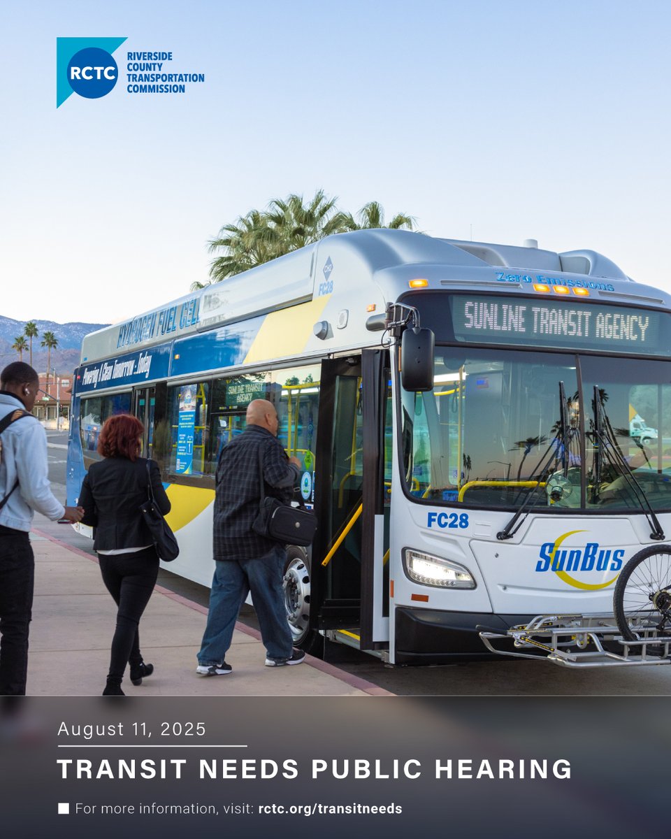TheRCTC's tweet image. RCTC is holding a public hearing on Monday, August 11 at 11:00 a.m. to gather input on transit needs within #RiversideCounty. Transit operators and RCTC will use feedback for future transit improvements. To learn more or submit your feedback, please visit: rctc.org/transit-needs-…