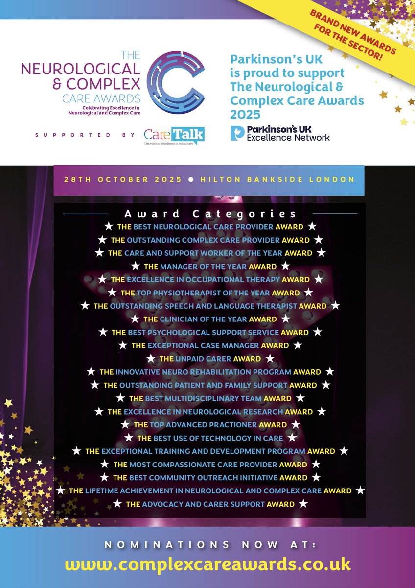 ParkinsonsEN's tweet image. The inaugural @GBcareawards are a great opportunity to honour achievements in neurological and complex care🏆
Shine a light on outstanding work by nominating a colleague or team for one of the categories below.
Submit your nominations by Friday 1 August: bit.ly/4nJcGKL